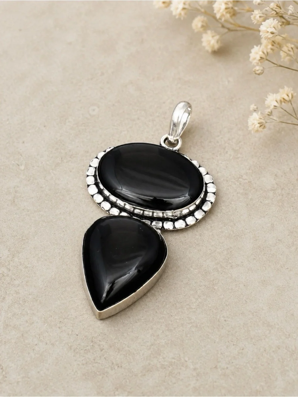 Double Natural Black Onyx Gemstone 2.5” 925 Silver Pendant
